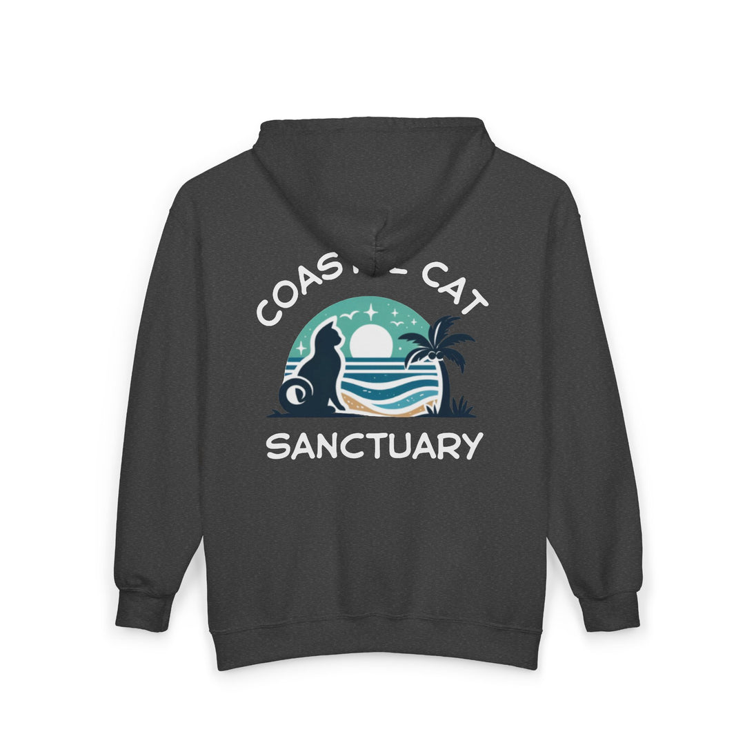Coastal Cat Sanctuary Zip Hoodie – Beach Cat Graphic Full-Zip Sweatshirt